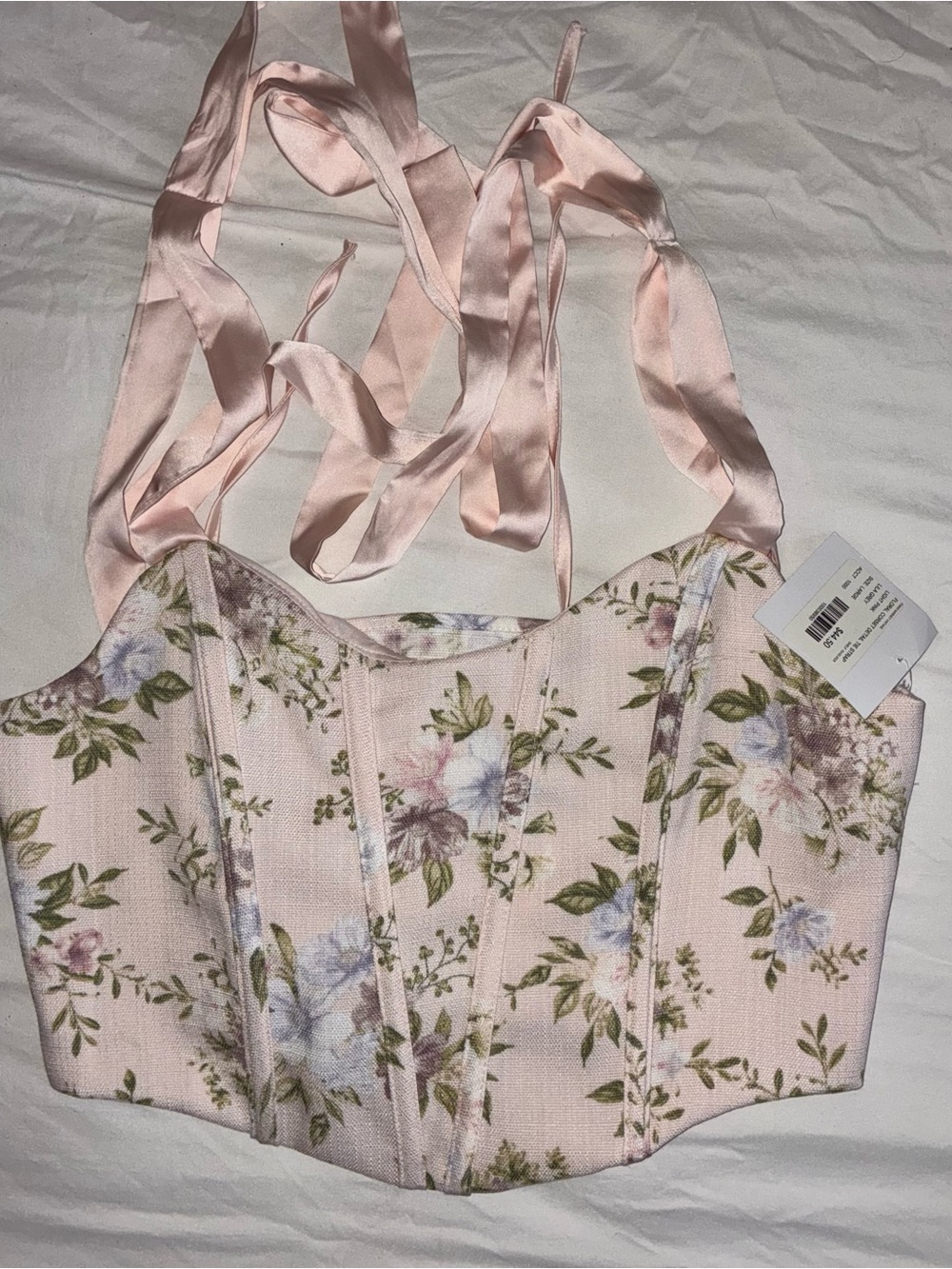 Floral Pink Corset Crop Top with Satin Ties